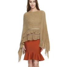 Custom women beach poncho Women's Winter Coats scarf Cable Knit Ruffle Wool Poncho Sweater for ladies with Fringed Hems